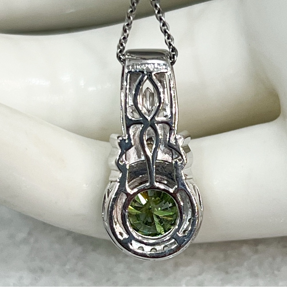 Green and White Moissanite Green Sapphire Sterling Silver Pendant 20” Necklace - Picture 8 of 11